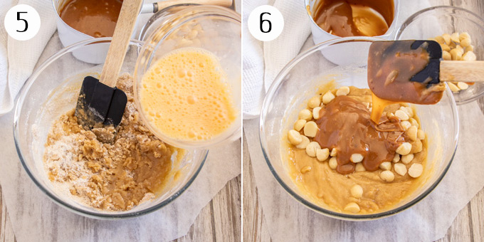 Collage showing blondie batter being made in a glass bowl - eggs are added, then nuts and caramel mixed in.