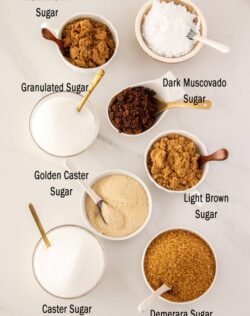 A graphic showing 8 different types of sugar in bowls