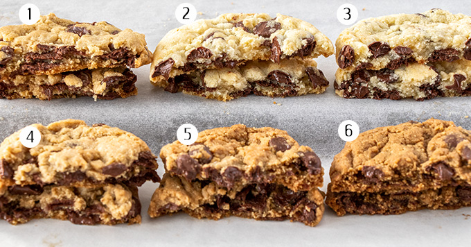 Six cookies broken in half showing the inside texture