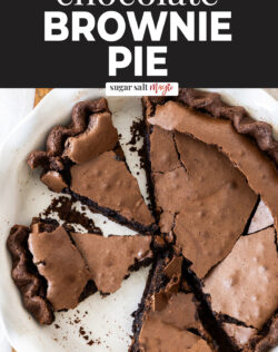 Top down view of brownie pie cut into slices with a crackly top.