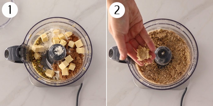 2 photos: cubed butters added to a food processor bowl, crumble topping is made in the food processor