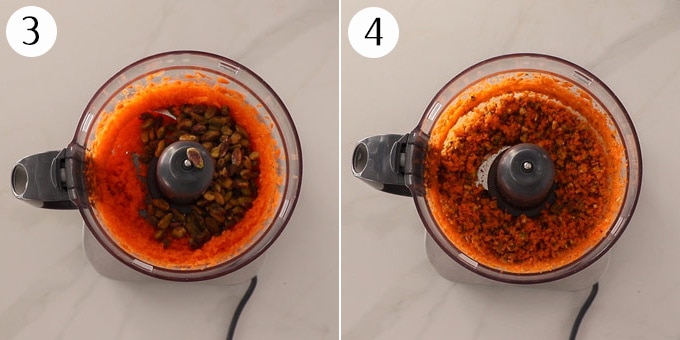 2 photos: A food processor with finely chopped carrots and pistachios.