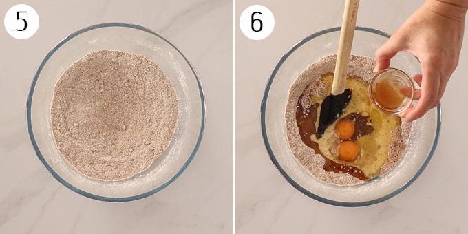2 photos: A bowl half filled with dry ingredients, then adding the wet ingredients.