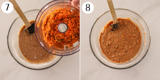 2 photos: Add carrot and pistachios to muffin batter and mixed.