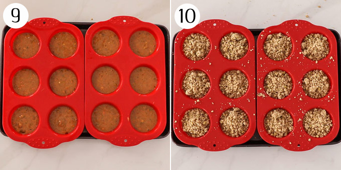 2 photos: Muffin batter in a muffin tin with streusel topping added