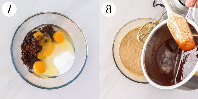 2 photos: Mixing together brownie batter in a glass bowl