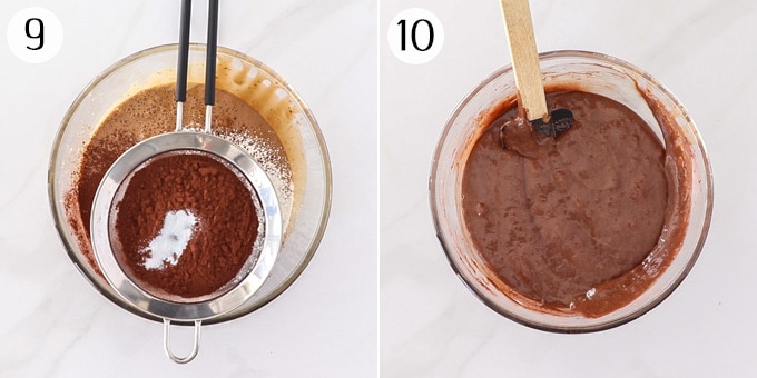 2 photos: Adding dry ingredients to brownie pie batter in a glass bowl and mix