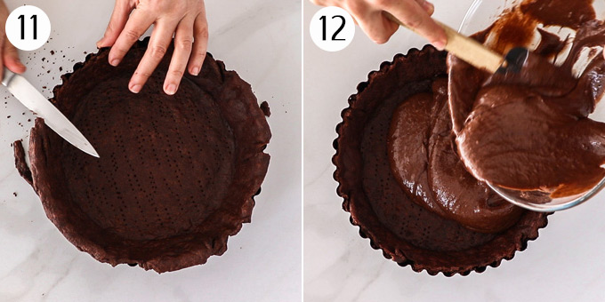 2 photos: preparing the chocolate pie crust then filling it with brownie batter