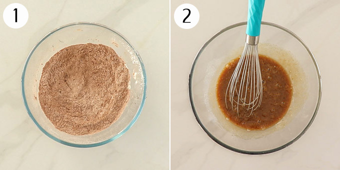 2 photos: dry ingredients in a bowl, wet ingredients in a bowl with a whisk.