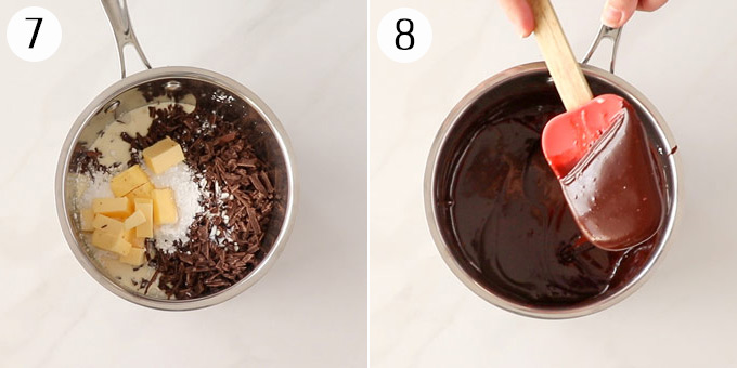 2 photos: ingredients for chocolate mousse in a stainless steel pan, all melted together.