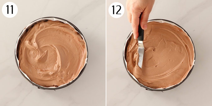 2 photos: Spreading chocolate mousse out flat in a cake tin