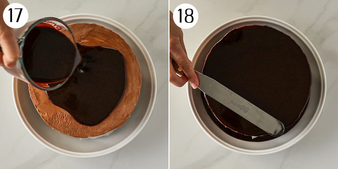 2 photos: Pouring chocolate mirror glaze onto a cake, then spreading it out.