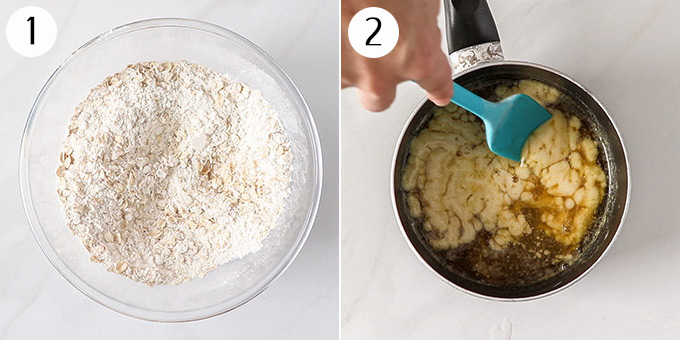 2 photos: Mixing together ingredients for cookies in a bowl and in a saucepan.