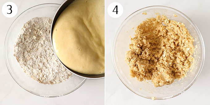2 photos: Pouring wet ingredients into dry ingredients, mixed into cookie dough.