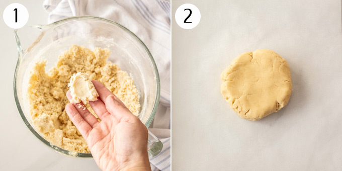 2 photos: Prepared sugar cookie dough in a glass bowl, then roll into a disk