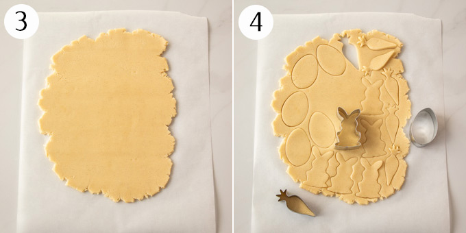 2 photos: Sugar cookie dough rolled out, cutting the dough with egg shape, bunny shape and carrot shape cookie cutters.