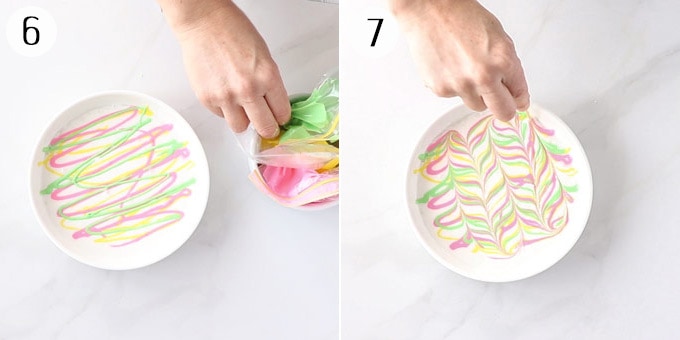 2 photos: White, yellow, pink and green icing in a white dish, creating marbled pattern.