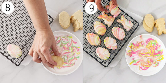 2 photos: Dipping sugar cookies in marble icing. Some sitting on a tray to set.