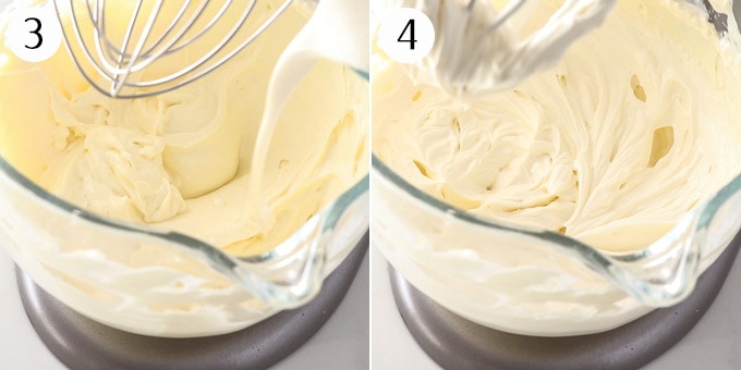 2 photos: Mixing together ingredients for a cheesecake in a stand mixer