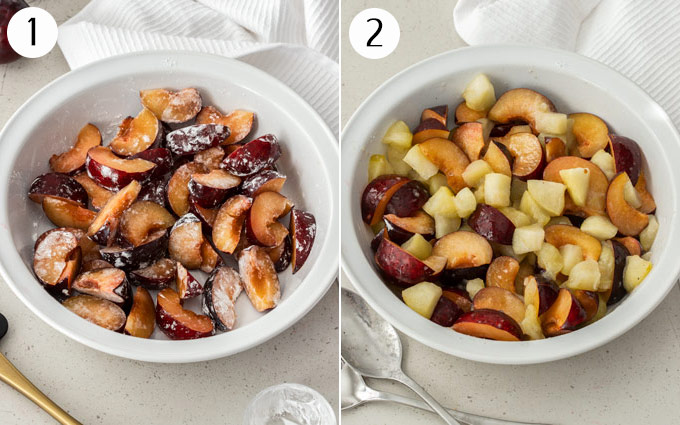 2 photos showing a white pie dish filled with cut plums and apples.