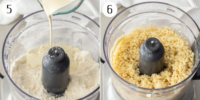 2 photos: adding cream to cobbler dough, then showing the final texture.