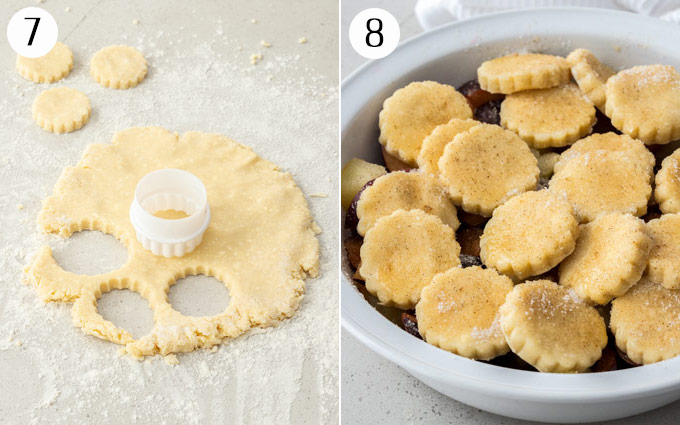 2 photos: rolled out cobbler dough with circles cut out and layered over fruit filling in a pie dish.