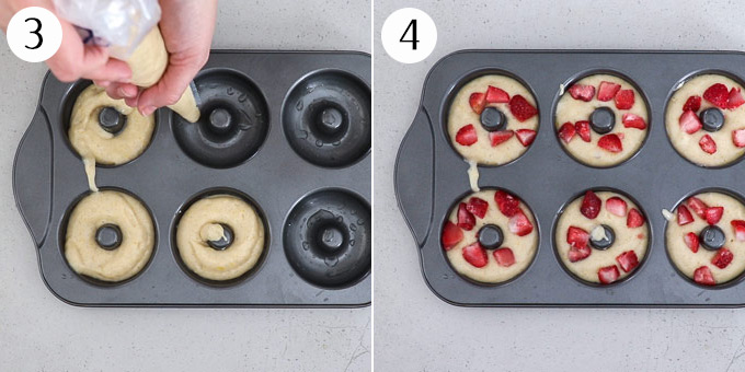 2 photos: Piping batter into a doughnut pan and topping them with strawberries
