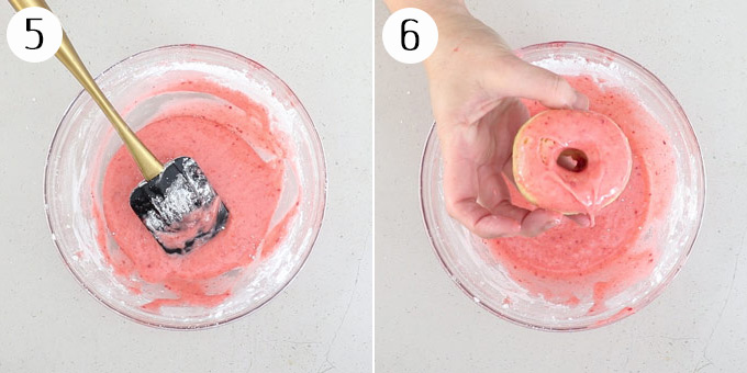 2 photos showing pink icing in a bowl and a doughnut dipped in icing
