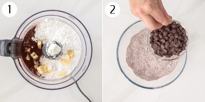 2 photos: Ingredients being mixed together in a food processor, then adding choc chips to a bowl