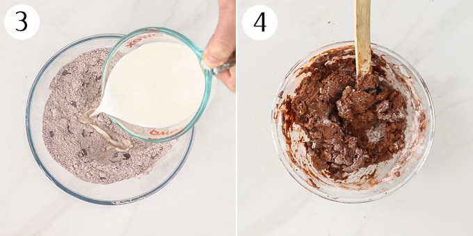 2 photos: Adding milk to chocolate scone dough and mixing to a dark chocolate dough