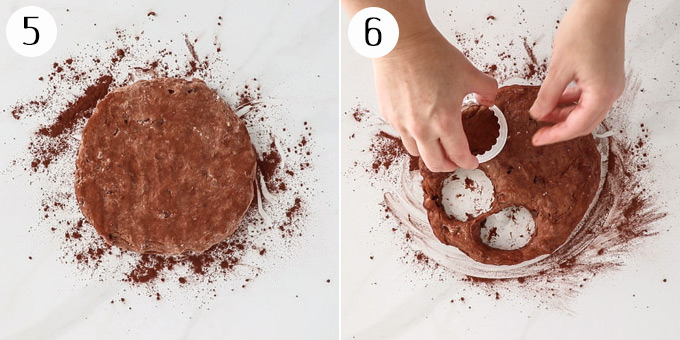 2 photos: a round of chocolate scone dough and cutting out circles