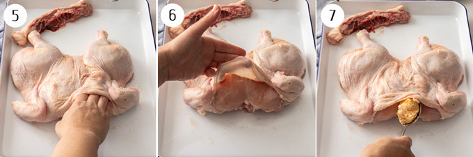3 photos showing how to stuff butter under the skin of a whole chicken