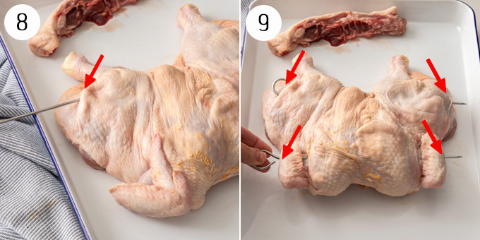2 photos of a whole butterflied chicken with skewers pushed through, ready for grilling