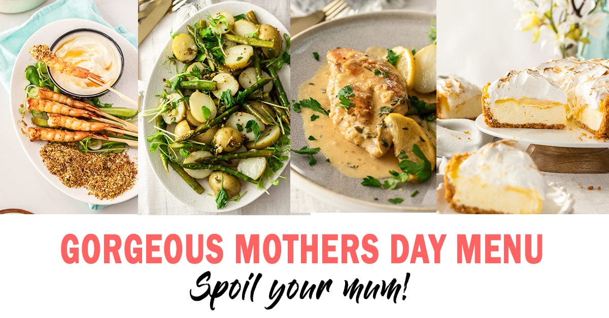 Collage of 4 recipes for a Mothers Day menu with text overlay