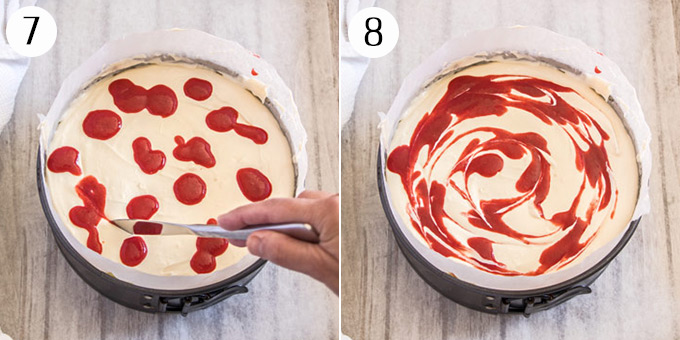 Making swirls in strawberry sauce on top of a cheesecake