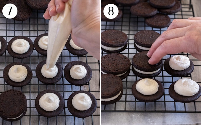 Piping white buttercream onto chocolate cookies, then sandwiching them together.