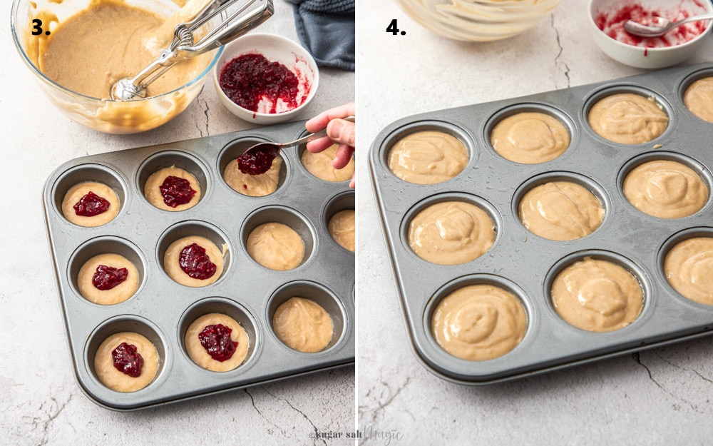 Filling a grey muffin tin with muffin batter with jam in the centre.