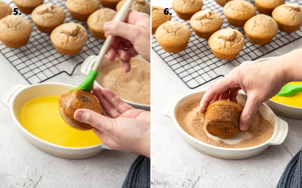 Two images showing brushing a muffin with melted butter then rolling it in cinnamon sugar