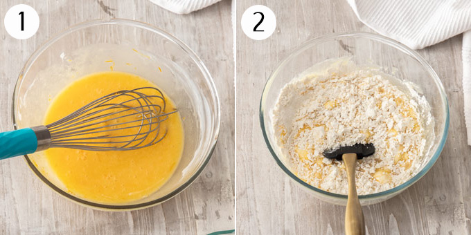 Mixing together wet ingredients (left) and dry ingredients (right).
