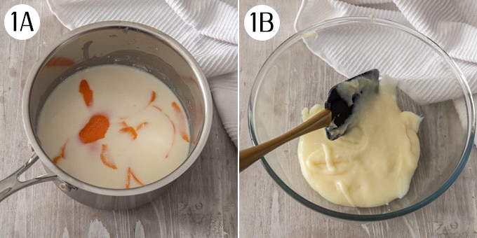 Pieces of orange peel in a saucepan of milk. A second image shows a cooked white paste.