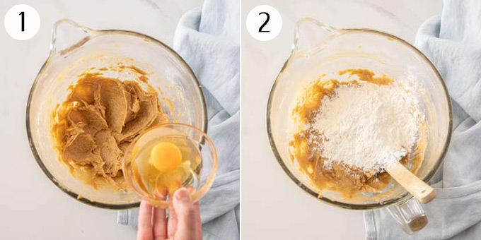 Mixing together butter, sugar and eggs in a white bowl, then adding flour.