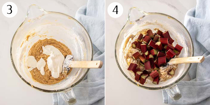Adding sour cream and rhubarb pieces to cake batter in a glass bowl.