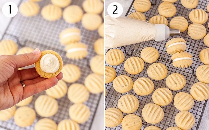 Collage of 2 photos showing cookies spread out on a tray while being filled with buttercream