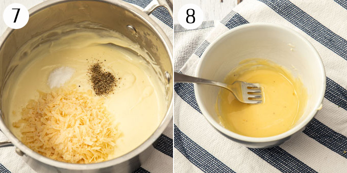 Mixing seasoning and cheese into bechamel sauce