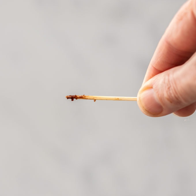 A toothpick with some brownie batter sticking on it