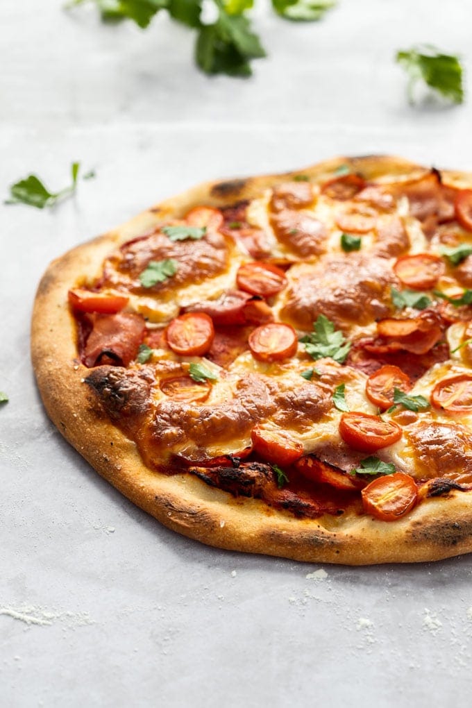 A pizza topped with tomato paste, ham, tomato and mozzarella.