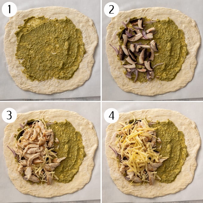 A collage of images showing the layering up of ingredients on a pizza dough base