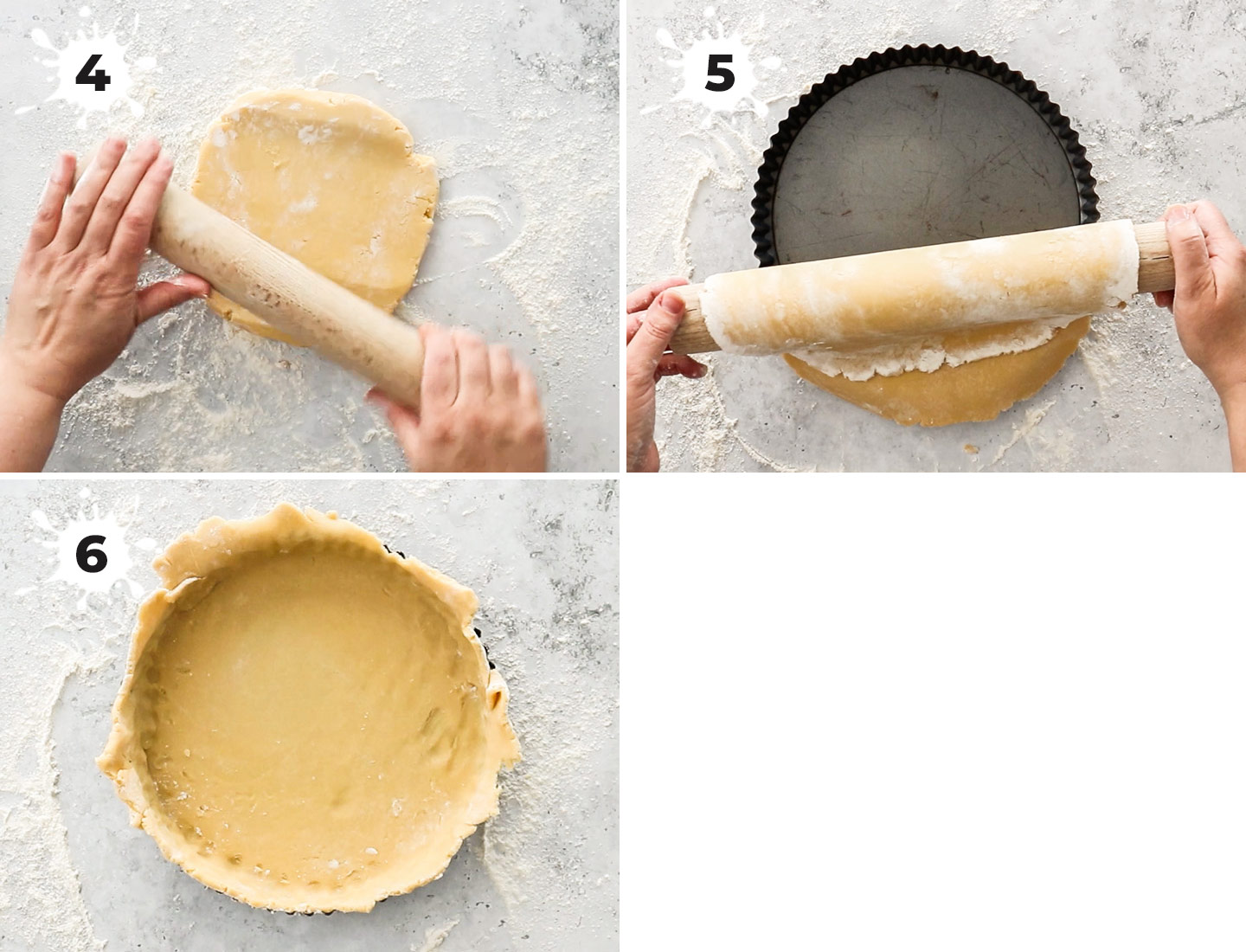 A collage showing how to shape the tart shell.