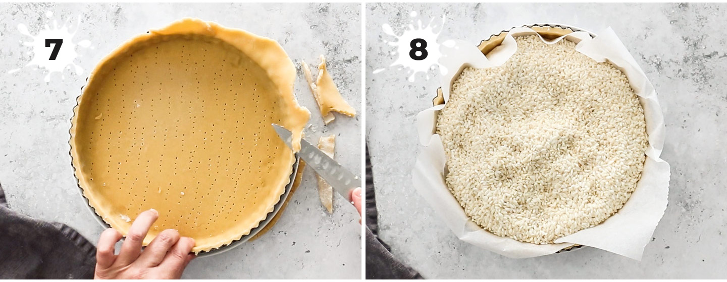 A collage showing how to prepare the tart shell for baking.