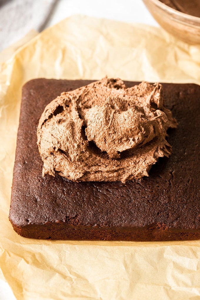 A square chocolate cake with a big dollop of chocolate frosting on top